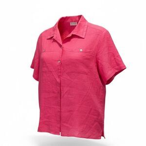 NWOT Jordan Women’s LINEN Fuchsia Pink Button-Up Short Sleeve Top Blouse Size 16
